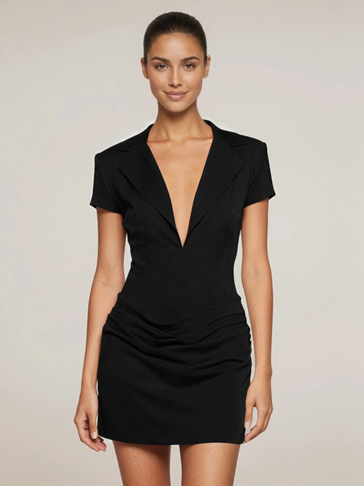 فساتين نسائية أنيقة برقبة على شكل حرف v وأكمام قصيرة مكشكشة فساتين مكتب سيدة 2026 تونيك عالي الخصر فستان حفلات قصير متين ملابس خروج