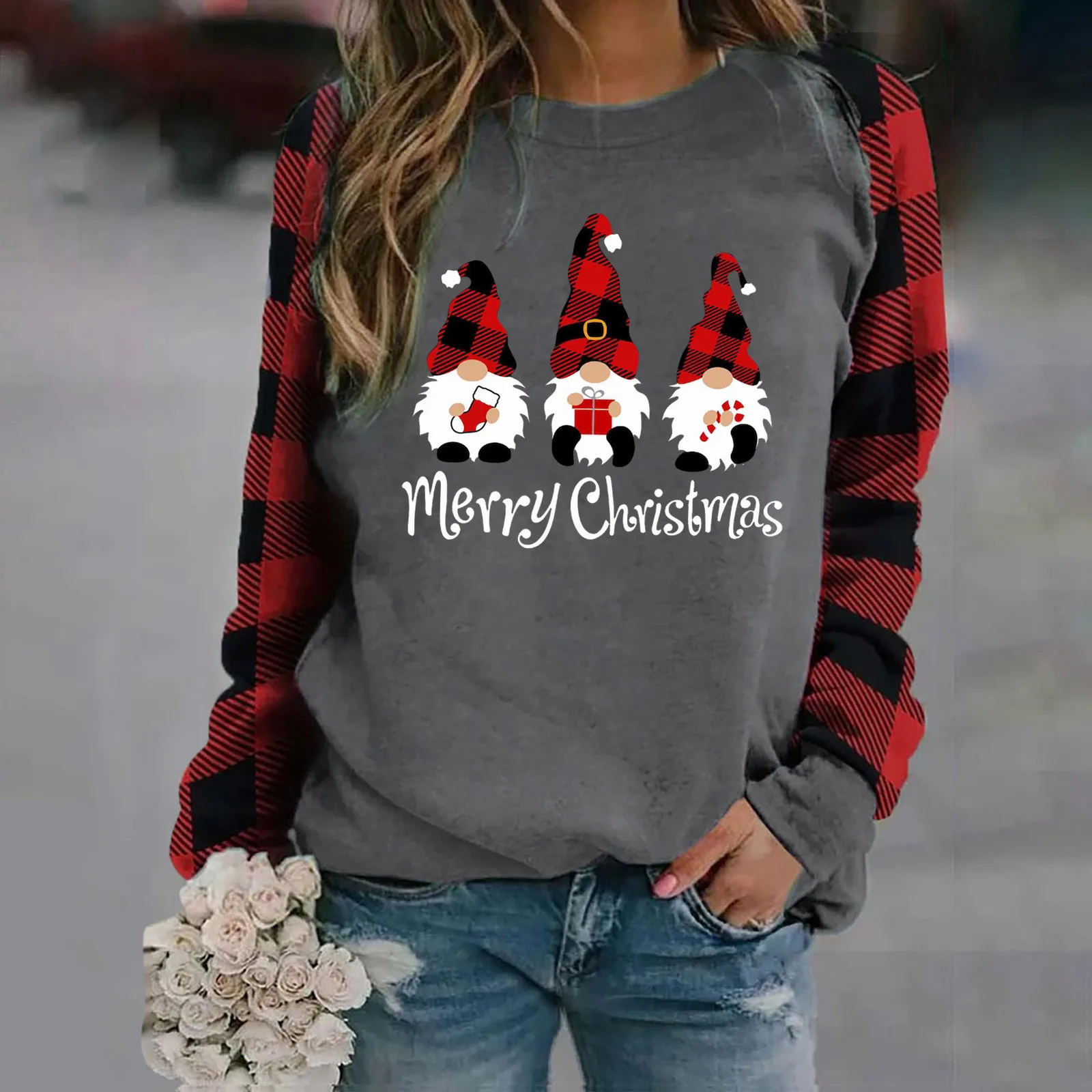 Christmas Plaid Patchwork Women Pullovers Sweater Spring Autumn Vintage Cartoon Gnome Graphic Sweatshirts Casual O-Neck Clothes