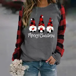 Christmas Plaid Patchwork Women Pullovers Sweater Spring Autumn Vintage Cartoon Gnome Graphic Sweatshirts Casual O-Neck Clothes