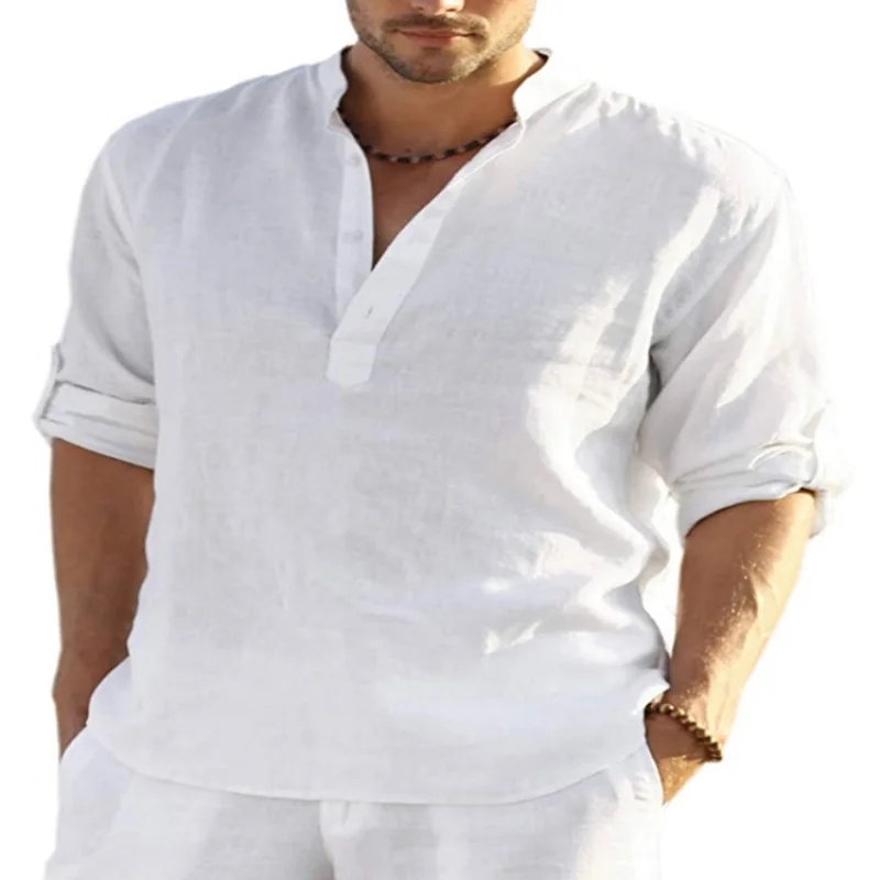 New casual loose-fitting men's shirt with stand-up collar, cotton-linen long-sleeve shirt, solid color, plus size top