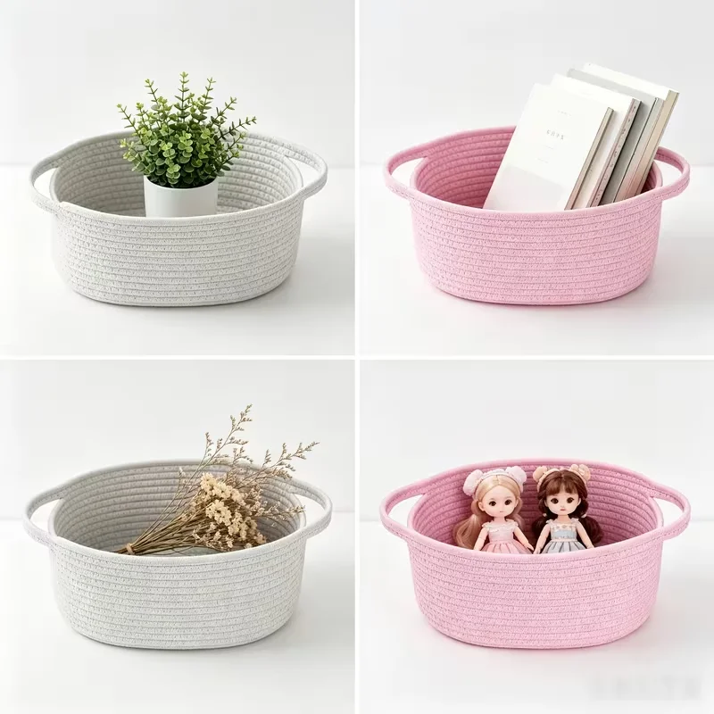 Handwoven Cotton Rope Desk Basket, Nordic Minimalist Storage Tray for Office Supplies, Makeup & Crafts view 5