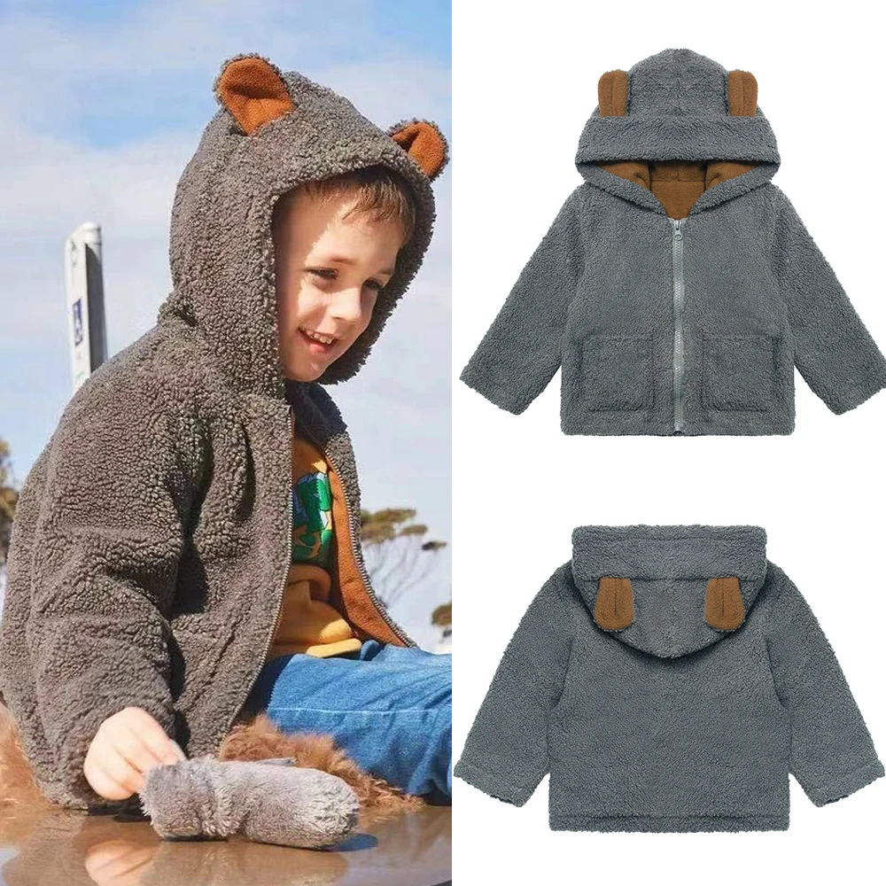 Kids Winter Coats 2026 Children Outerwear Boy Girls Warm Soft Solid Jacket Baby Girls Bear Ears Hooded Jackets Children Clothing