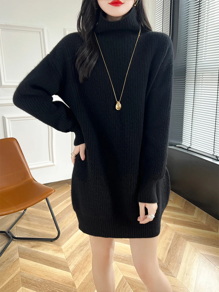 Sweater wanita leher tinggi, pakaian rajut wanita model Korea, Sweater longgar hangat setengah panjang, Pullover Turtleneck, musim gugur musim dingin, baju rajut wol 100%