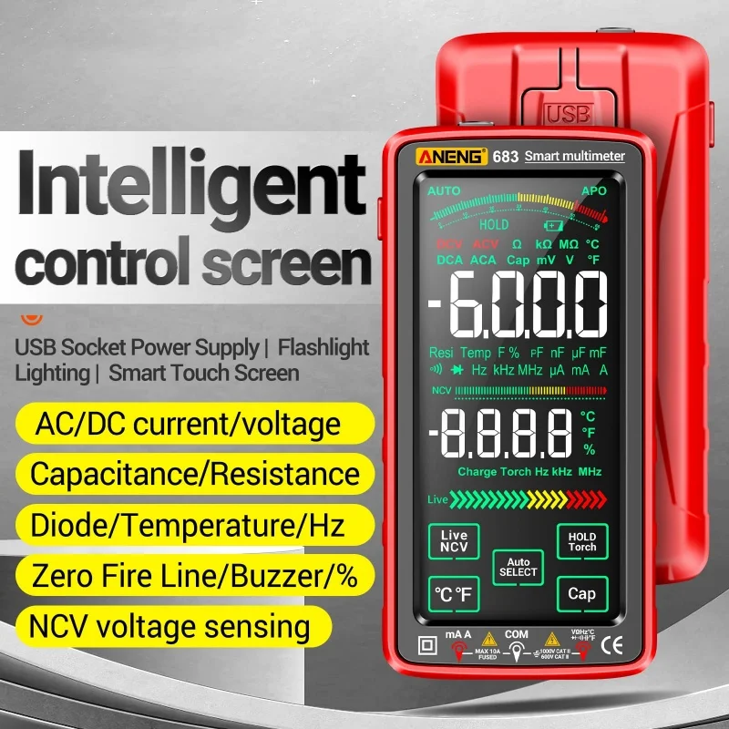 ANENG 683 Smart Multimeter High-end Touch 6000 Counts Rechargeable Multimeter Tester AC/DC Ammeter Voltmeter