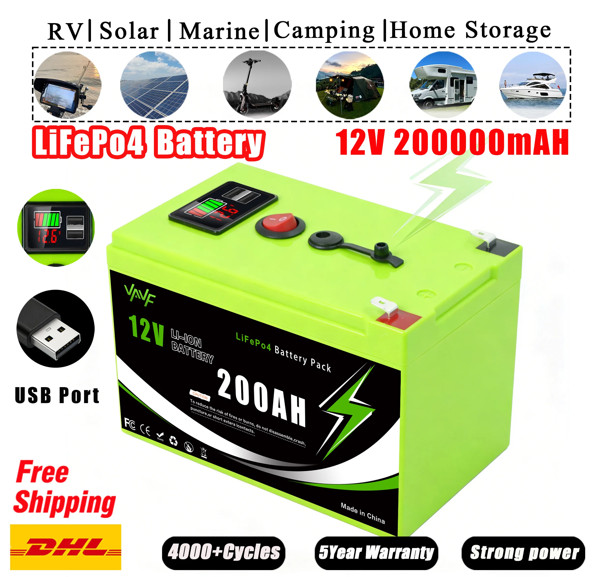 

LiFePO4 высокой емкости ⛅️ Аккумулятор 12 В, 200000 мАч со встроенным разрешением BMS для солнечных панелей ️ Автодоры, яхты и резервное питание