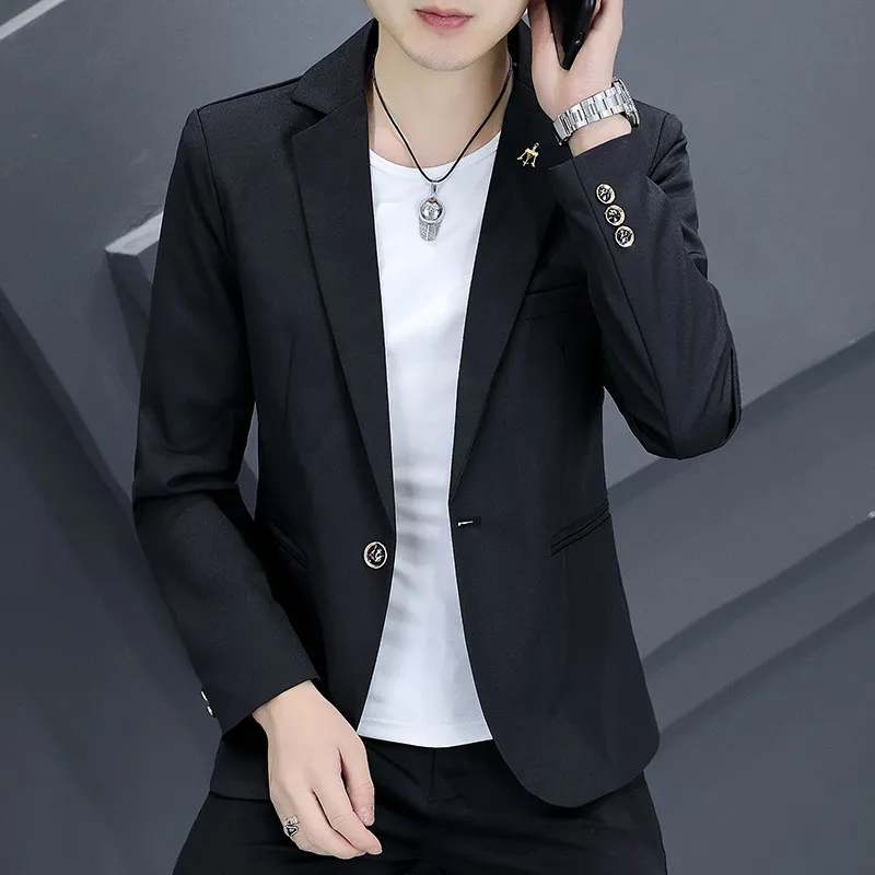 

Casual Slim Fit Men's Bla Suit Jaet Korean Sle Faionable Single-Breasted Youth Autumn Outerwear Anti-Wrinkle Polyeste...