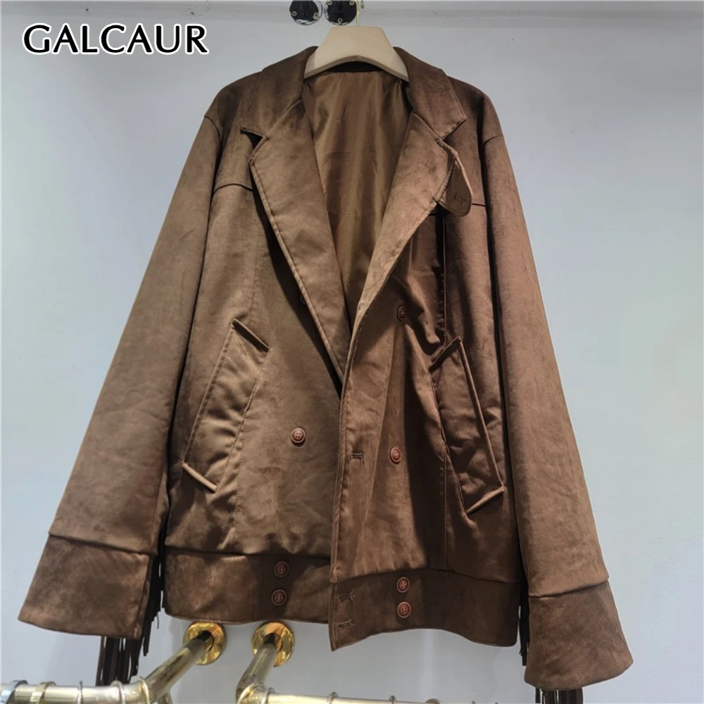

GALCAUR шикарная куртка с кофейными кисточками, женская свободная винтажная уличная одежда с лацканами и длинными рукавами, женские куртки, осенний стиль, мода