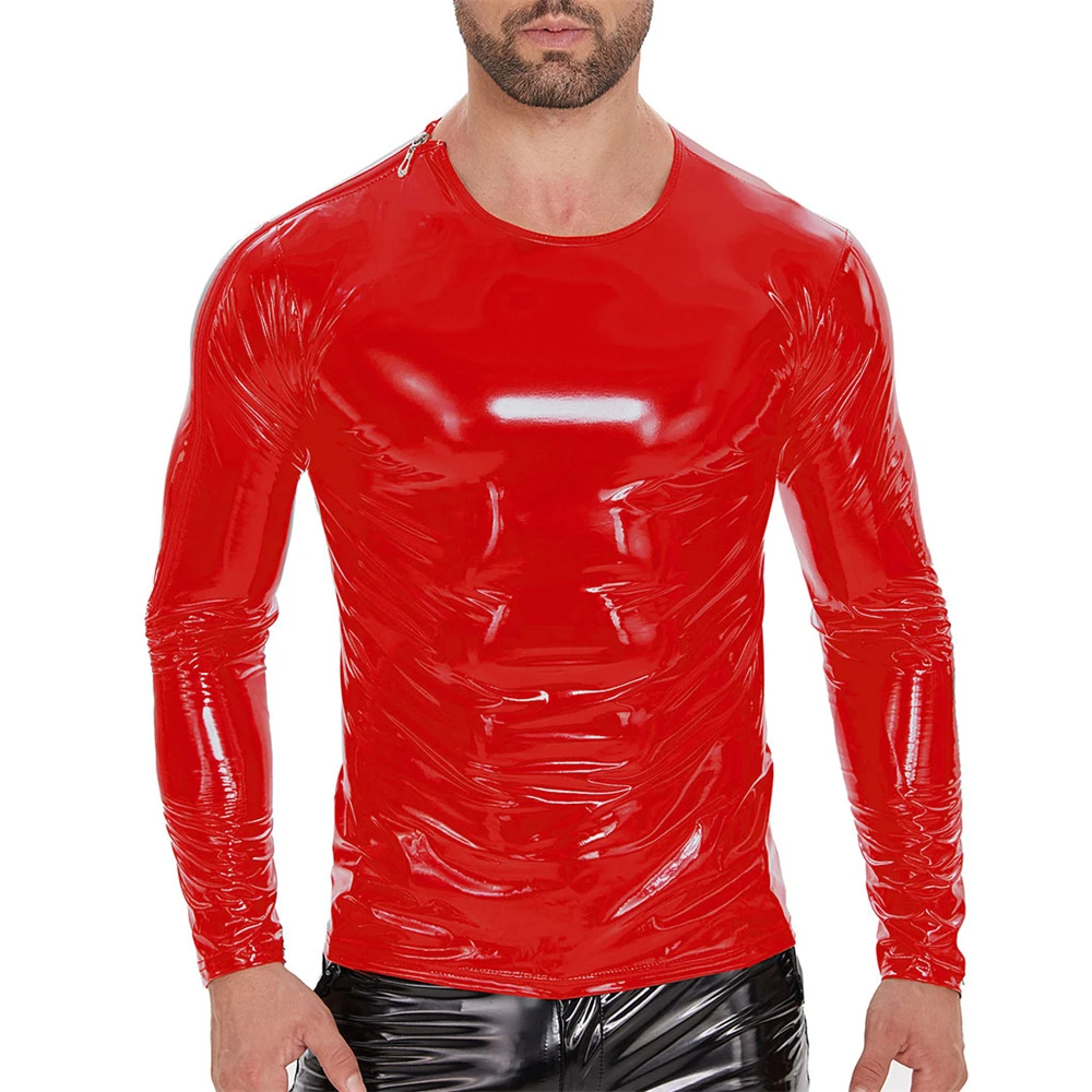 Men's New Fashionable Zipper Shoulder Long Sleeved T-shirt Shiny PVC Leather Sexy Top Bar Dance Clothing Tight Sexy T-shirt Top