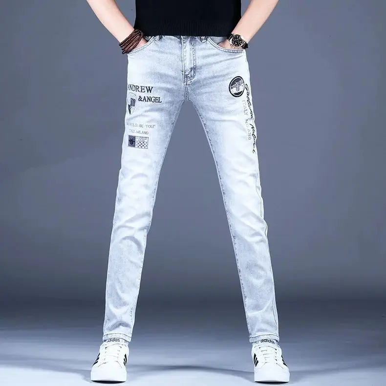 Summer Men's Gray Ripped Embroidered Jeans Trendy Brand Slim-fitting Small Feet Casual Trousers Korean Menswear Clothing Luxury