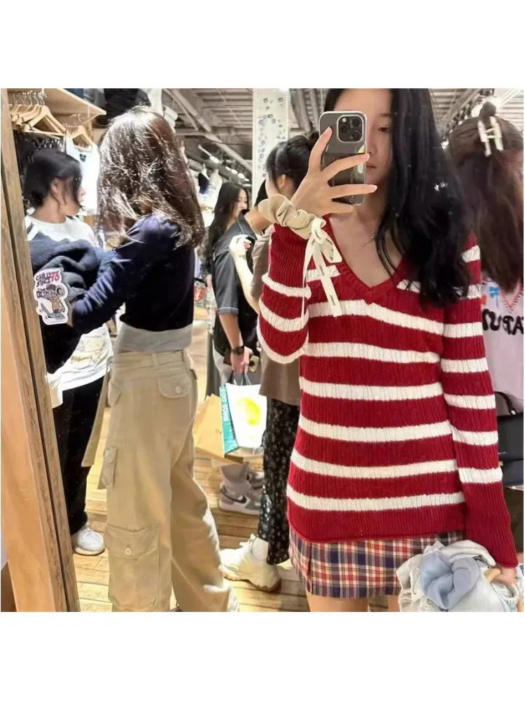 Casual Women Red Striped Knit Sweaters 2023 Fall Retro V Neck Long Sleeves Pullovers Female Loose Knitwears