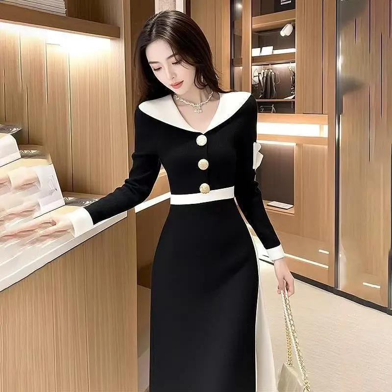 RAIN YAN LIN Autumn New Black Elegant Dress Women's Fashion V-Neck Long Sleeve Slim Midi Dress Casual Beautiful Dresses