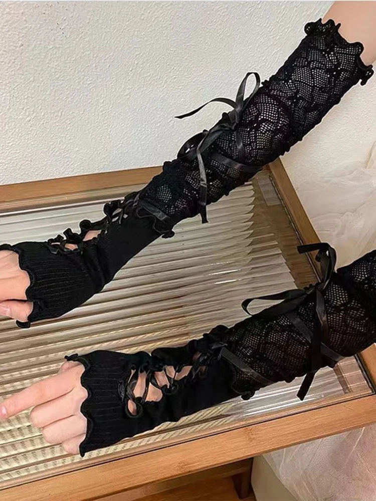 Рукава на бретелях JK Девушка с открытыми пальцами Перчатки в стиле Харадзюку Нишевый комплект с рукавами Y2k Сексуальный кружевной ажурный и стильный чехол на рукав