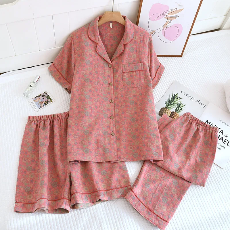 Short Sleeve Sleepwear Women's Pajamas Set Gauze Cotton Pyjamas Summer New 3 Pieces Floral Home Wear Nightwear For Woman - view 2