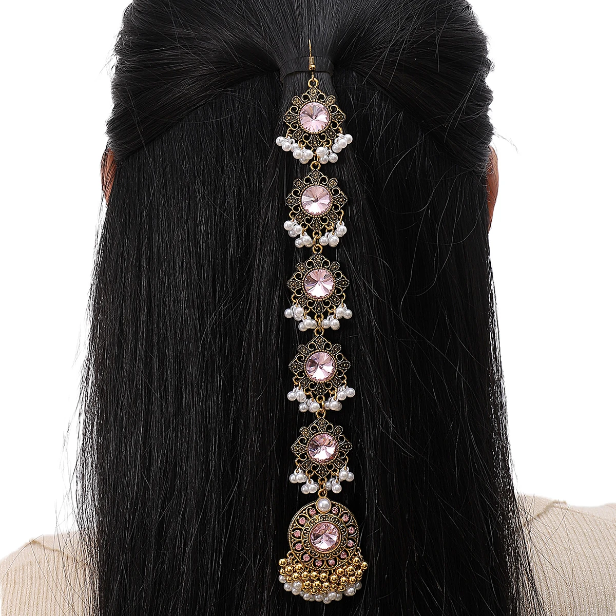 Luxury Boho Shining Crystal Rhinestone Hair Accessories for Women Colorful Zircon Pearl Beads Tassel Head Chain Indian Jewelry