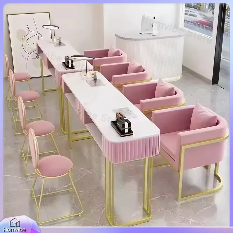 Deluxe Nail Table with Dust Collector for Nail Salon Furniture White Tabletop Pink Velvet Trim Gold Metal Frame Manicure Desk
