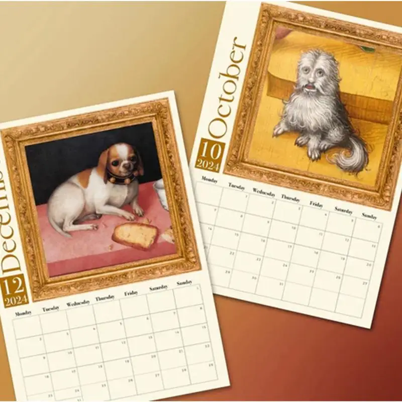 Estranho Medieval Dogs Calendar, Retro Wall Calendar, Renaissance, Escritório e Material Escolar, 2024