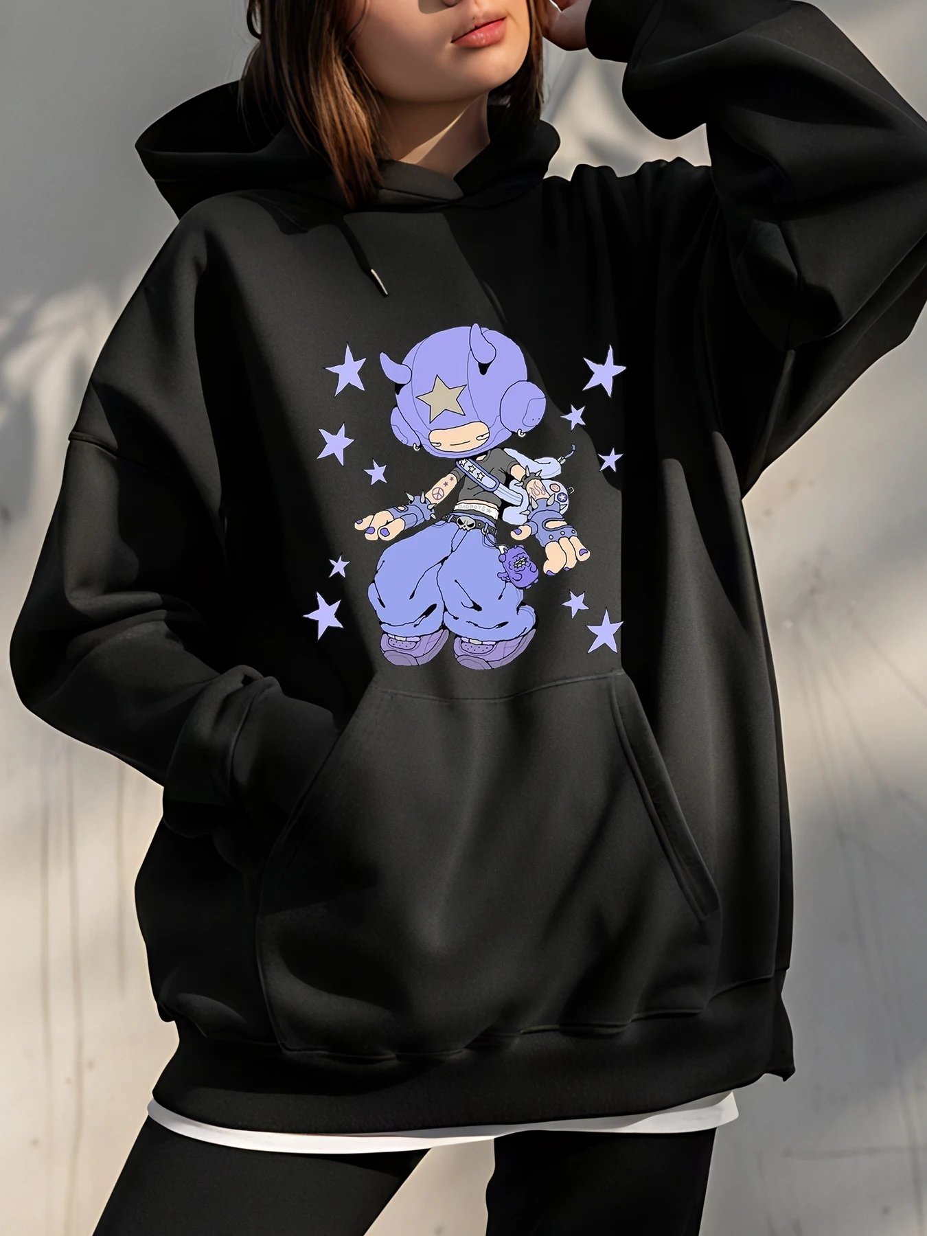 

Милая толстовка с принтом звезды и единорога, женская толстовка большого размера, повседневная уличная одежда, модный черный пуловер для девочек