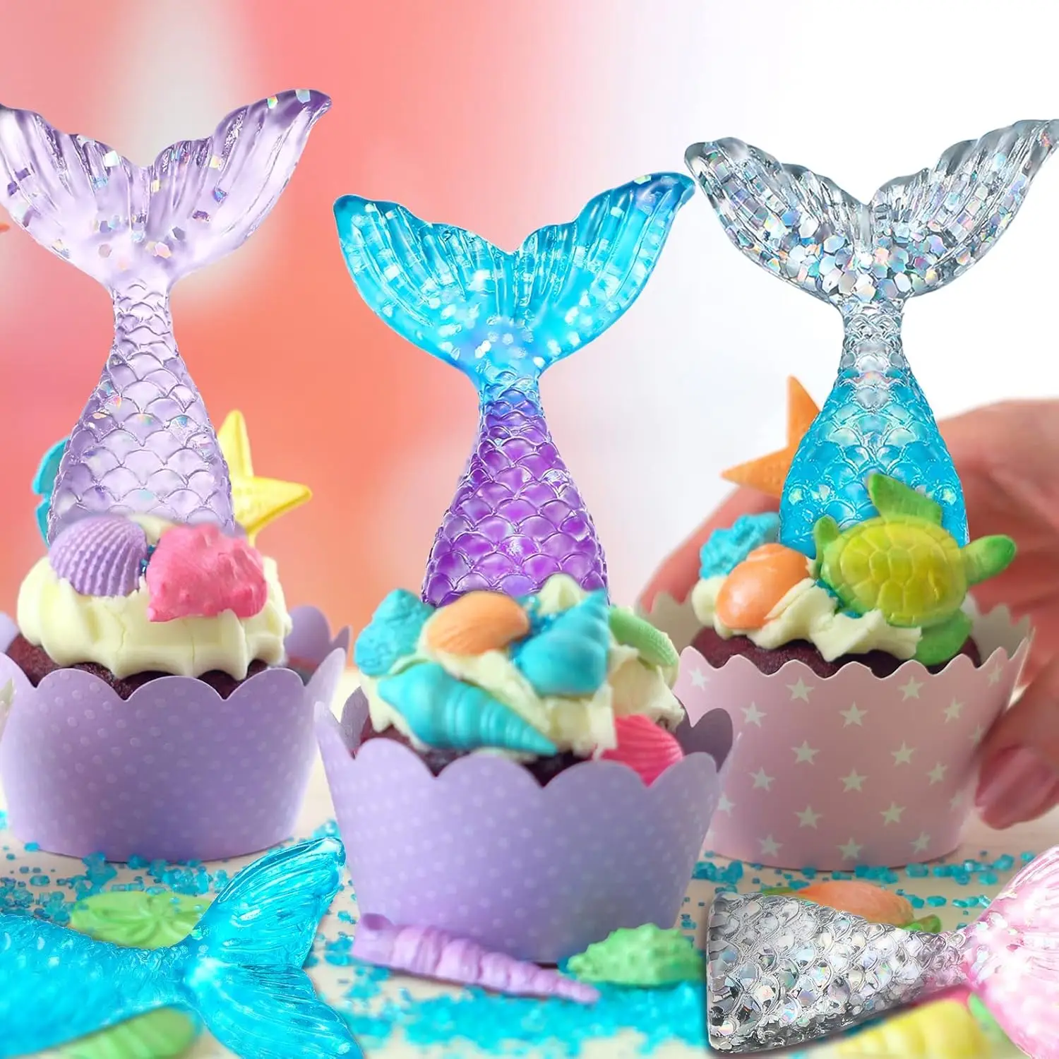 12 Stück Cupcake-Topper mit Meerjungfrauenschwänzen, blau, rosa Kuchendeckel für Meerjungfrau-Thema, Kuchendekoration, Geburtstagsfeier, Babyparty-Zubehör – Detail 4