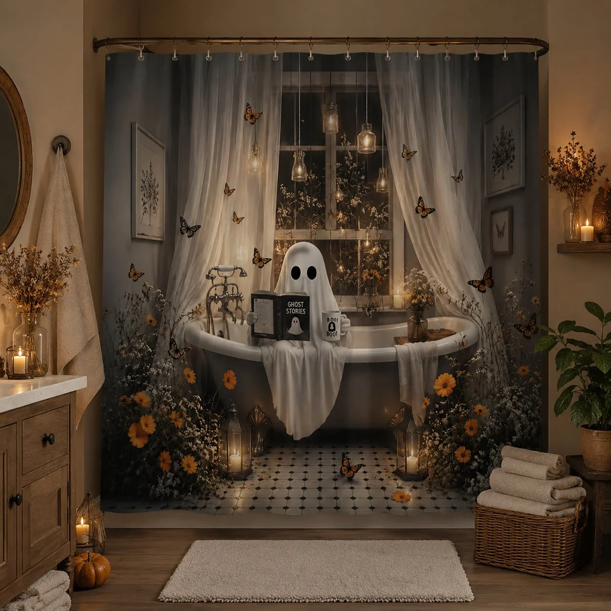 2D Flat, 1pc 2D Large-Sized Shower Curtain with Halloween Ghost Theme, Polyester Fabric Bathroom Decoration, Bathtub Partition Hanging Curtain 70.8X 70.8Inch with Horror Butterflies And Vintage Lanterns, Includes Hooks