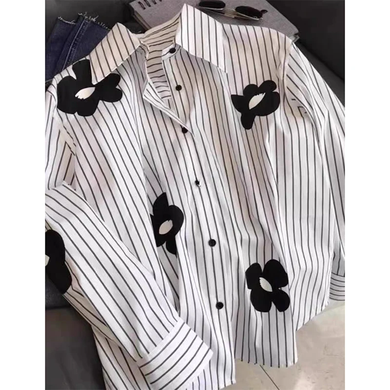 Chemise ample et chemisier à manches longues, col rabattu, rayures florales, nouveau dans les vêtements, haut décontracté, simple boutonnage, bureau, dame, blanc