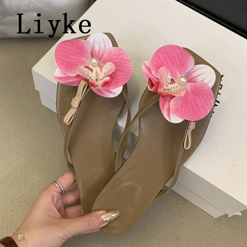 Liyke แฟชั่นฤดูร้อนออกแบบดอกไม้คลิป Toe Flip Flops ผู้หญิงแบนรองเท้าแตะกลางแจ้งรองเท้าแตะชายหาดหญิงรองเท้า Mules สไลด์