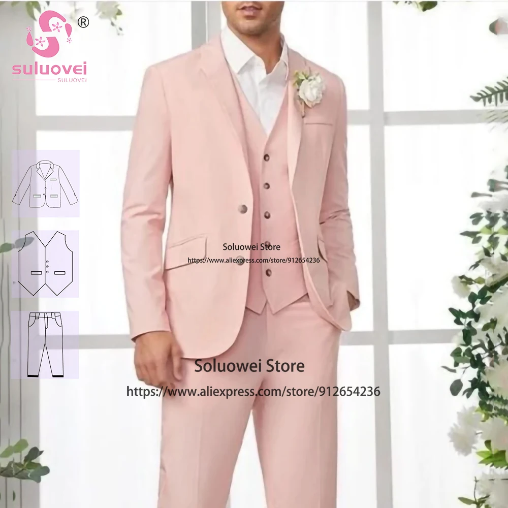 

Fashion Pink Groom Wedding Suits For Men Slim Fit Custom Made 3 Piece Pants Set Formal Dinner Party Prom Tuxedo Blazer Masculino