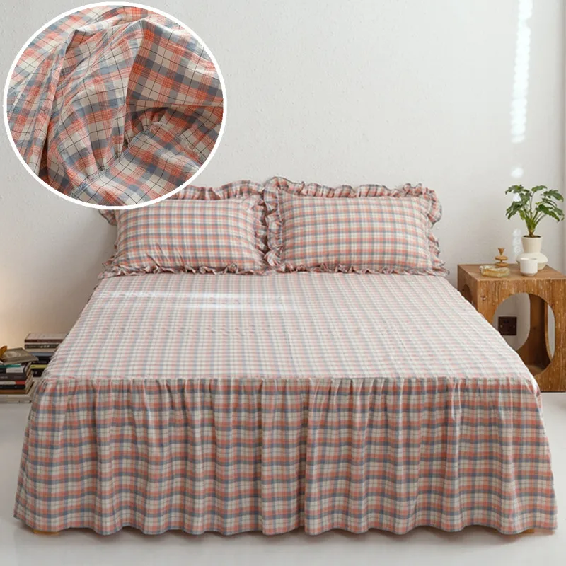 Bonenjoy Bed Cover Yarn Dyed Bed Skirt Simple Style Mattress Cover Pure Cotton Bed Linen for Home cubrecamas (No Pillowcase)