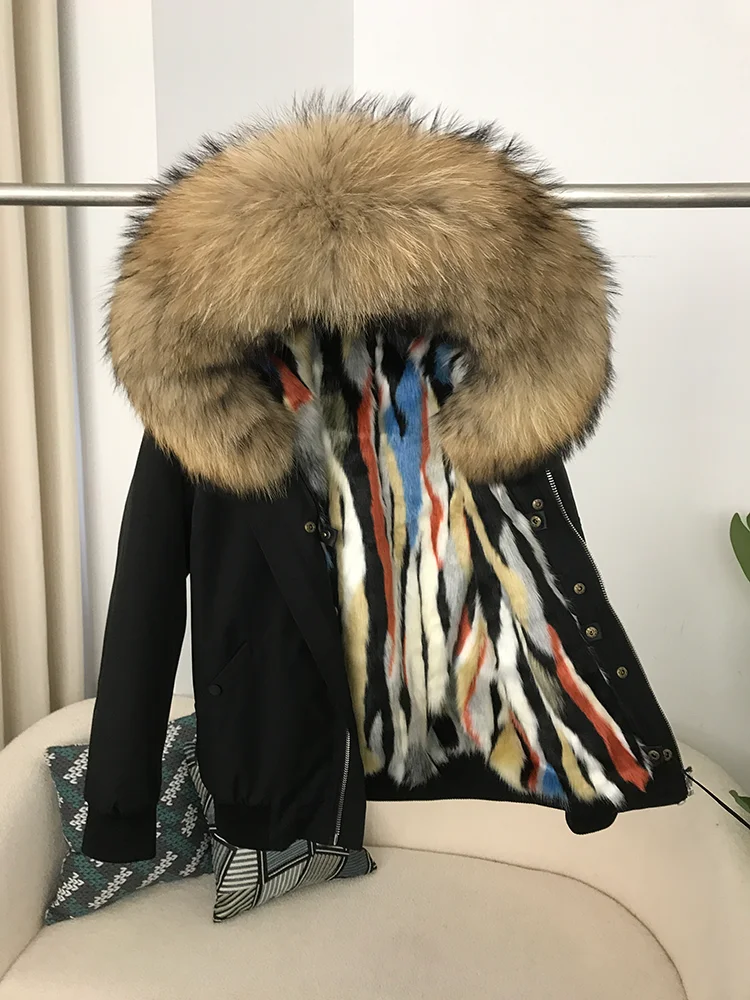 2025 Winter Natural Fur Coat Jacket Women Bomber Parka Real Raccoon Fur Collar Hooded Thick Warm Streetwear Outerwear