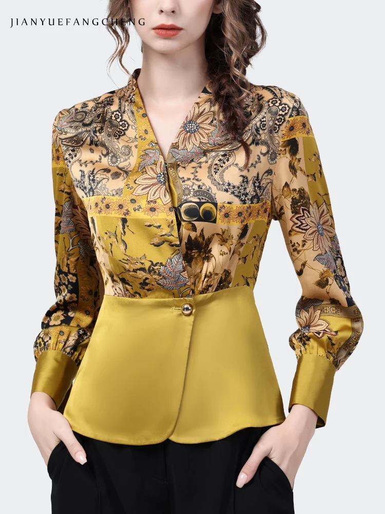 Gorgeous Yellow Satin Printing Blouse Women 2022 Autumn New Long Sleeve V-Neck Single-Button Shirt Elegant Slim Ladies Work Tops