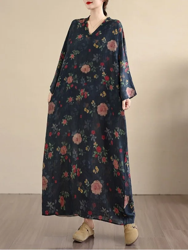 V-Ne الأزهار طباعة الصيف الدكتور المرأة الرجعية اللحوم إخفاء السفر Sle الكورية فضفاضة تناسب ألف خط ميدي الدكتور للخريف