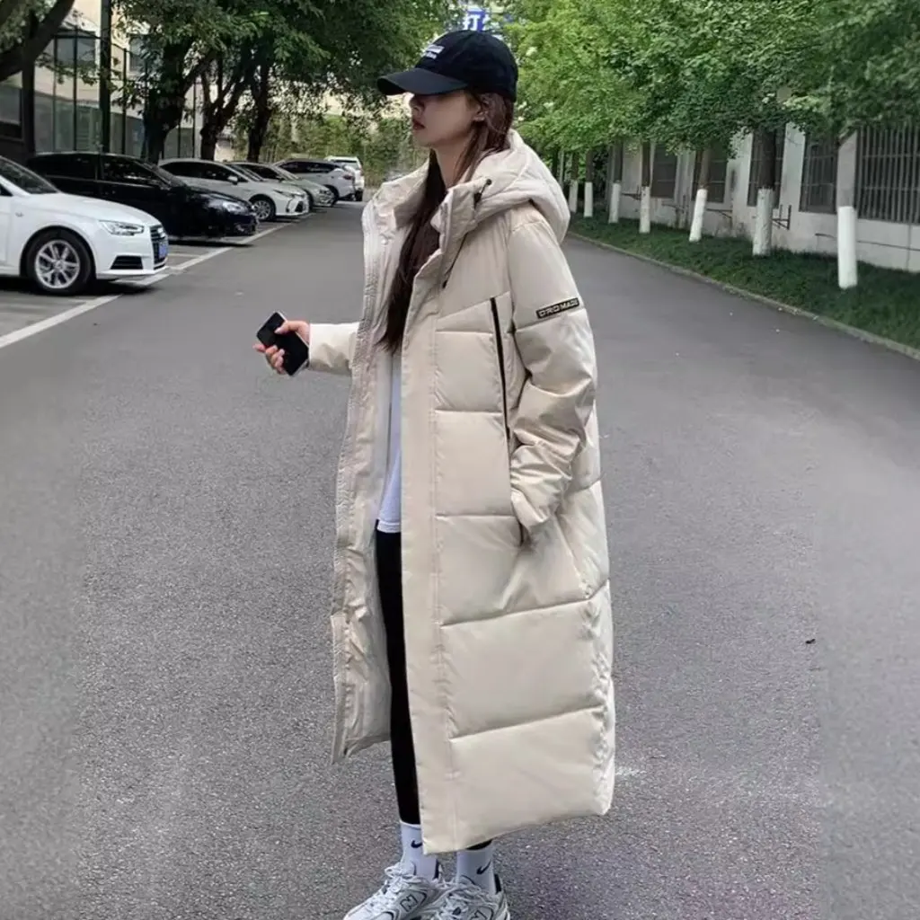 

Women's down Cotton-Padded Jacket Thickened Korean Style Loose Fit with Hood Long Over-the-Knee Winter Coat