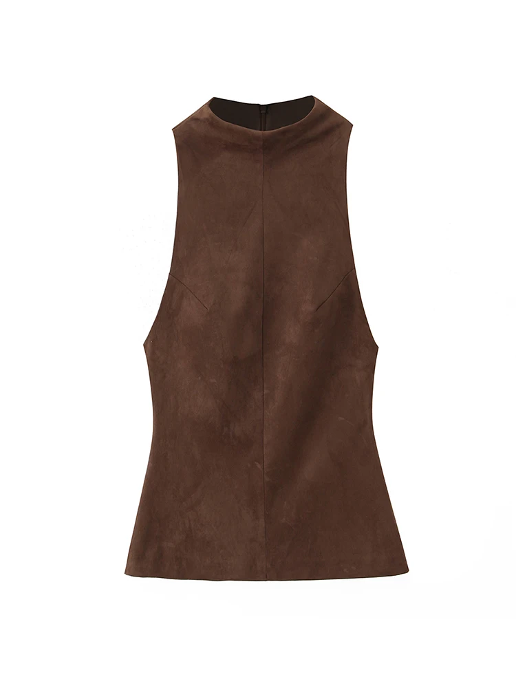 

Women Sleeveless O-neck Brown Suede Blouses Slim Back Zipper Tops Shirts