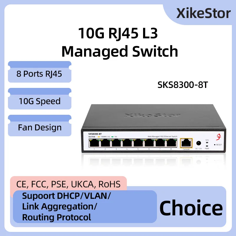 

XikeStor 8-портовый 10G RJ45 L3 Управляемый с поддержкой вентилятора Поддержка 1G/2,5G/10G DHCP/VLAN/порт Агрегация/функция маршрутизации