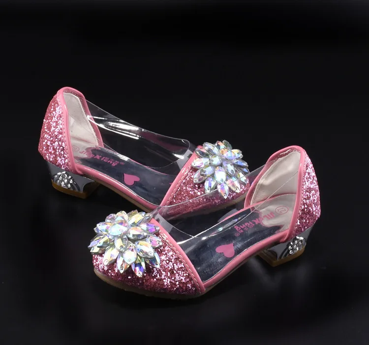 Princess Kids Leather Shoes Diamond Flower Casual Children High Heel Transparency Girls Sandals Student Performance Shoes