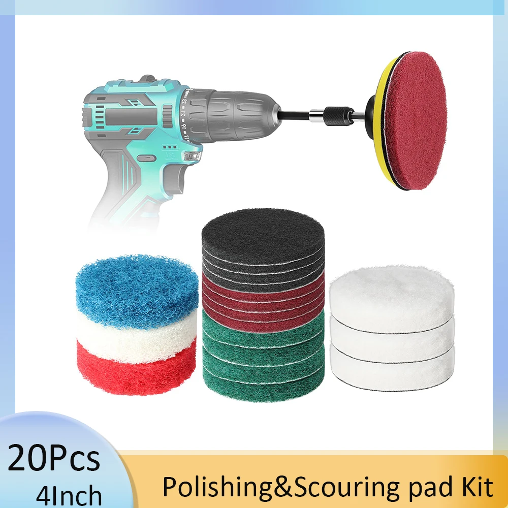 4 Inch 20Pcs Power Scrubber Pads Drill Attachment Polishing & Scouring Pad Kit for Car Headlight, Kitchen, Bathroom, Carpet,Tile