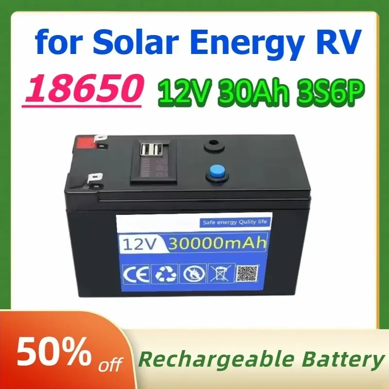 12V 30Ah 3S6P 18650 Rechargeable Lithium Battery Pack for Solar Energy RV Power Supply Stroller Battery with BMS 12.6V