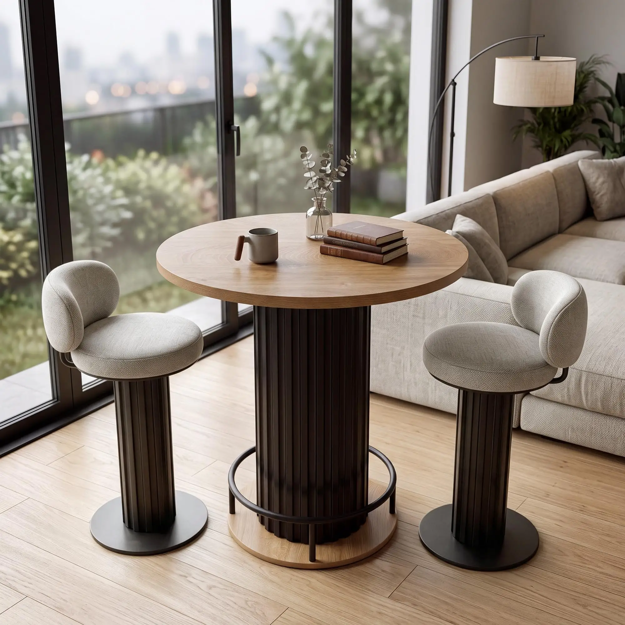 31.5 Inch Round Bar Table, 39.4 Inch High Bistro Pub Table With Iron Wave Base, Footrest, Wood Grain Top For Small Spaces Home