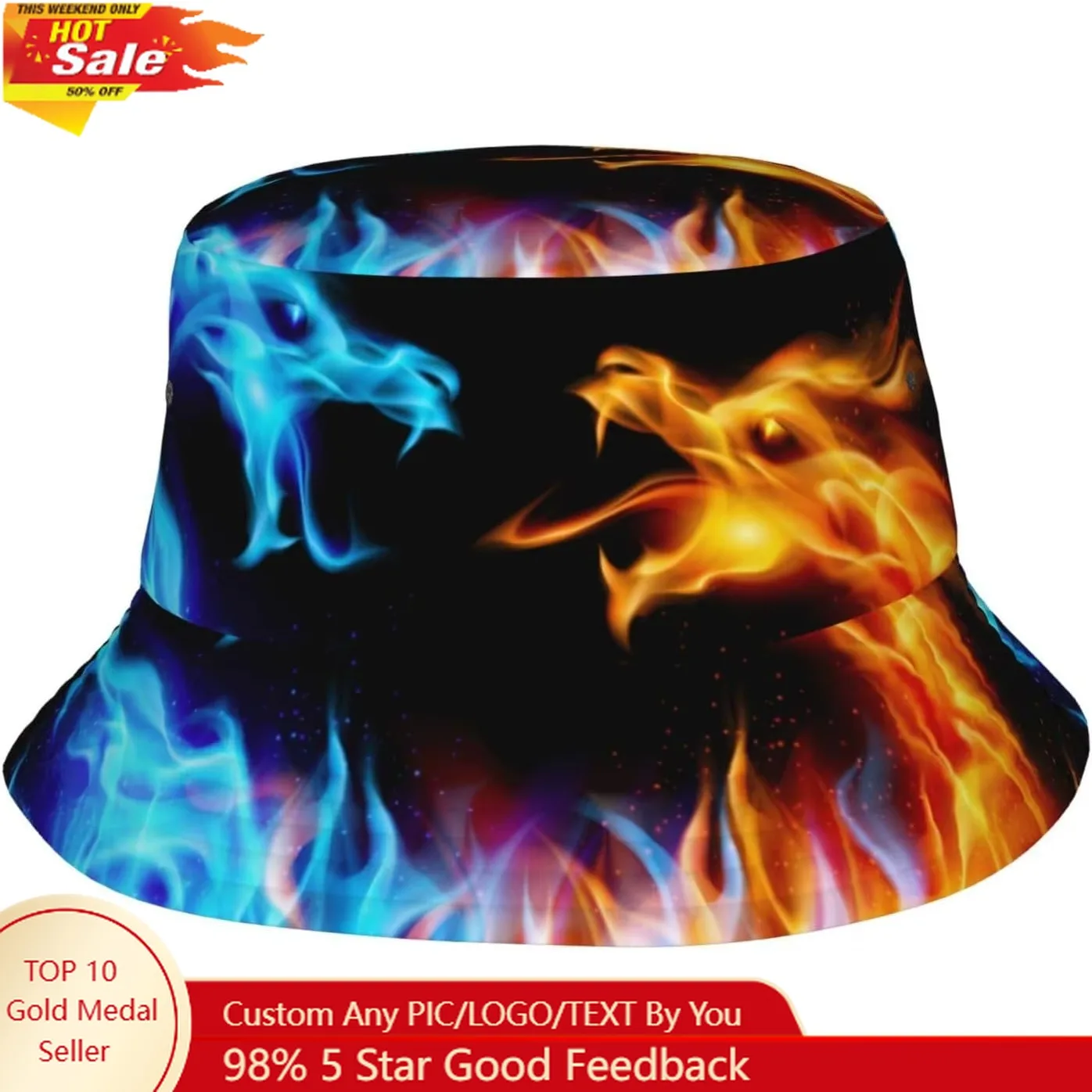 

Ice Blue and Red Fire Flame Dragon Sun Hats Washed Denim Bucket Hats Packable Beach Hats