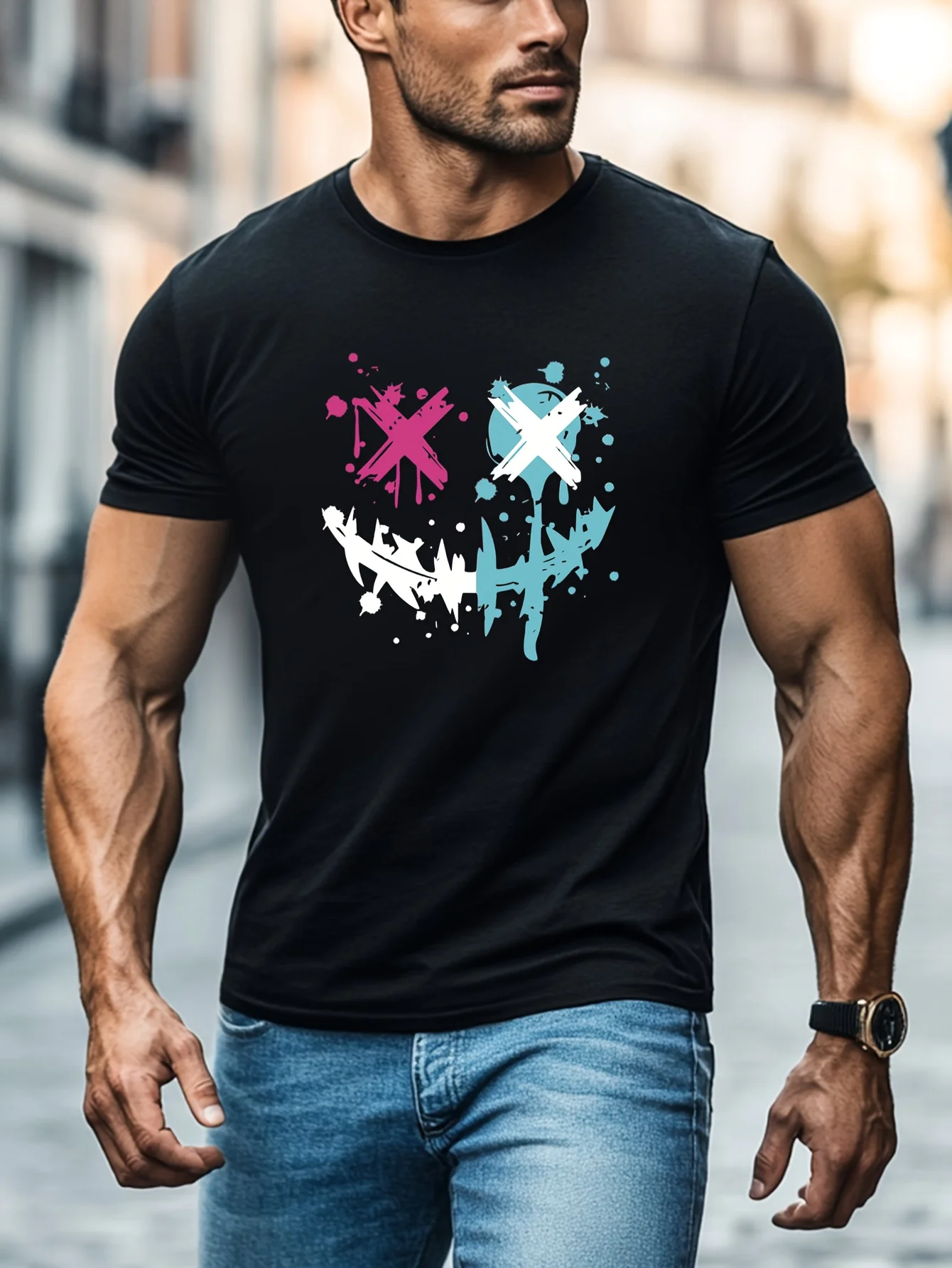 

Men's 100% Cotton Casual Short-Sleeve Crew Neck T-Shirt, Black Street Style Graphic Tee with XOXO Print, Summer Outdoor Sports &