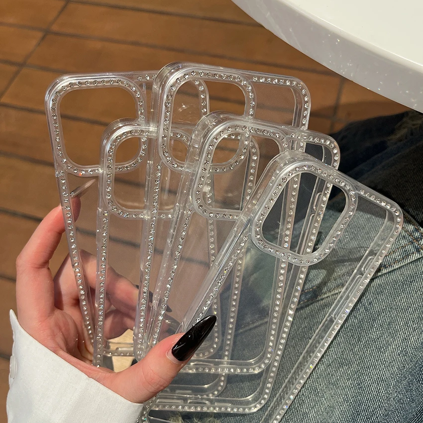 الحافة حجر الراين جراب هاتف آيفون 17 16 15 14 13 برو ماكس شفافة 15Pro 17Pro 16Pro جراب هاتف بولي يوريثان لينة 14 برو ماكس غطاء