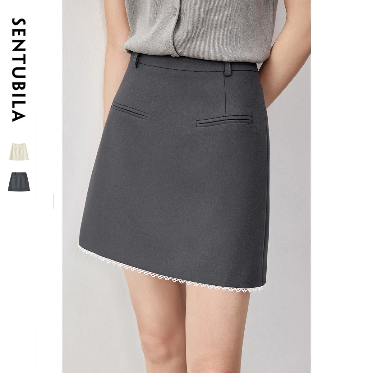 

SENTUBILA High Waist for Women A-line Mini Skirt with Pockets Lace Splicing Short Skirts 151Q80467