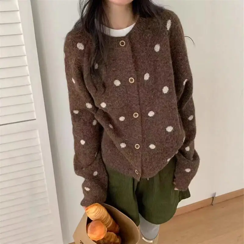

Autumn Winter Girl Knitwear Coat New Retro Printing Lazy Style Keep Warm Tops Soft and Sticky Loose Student Cardigan Sweater