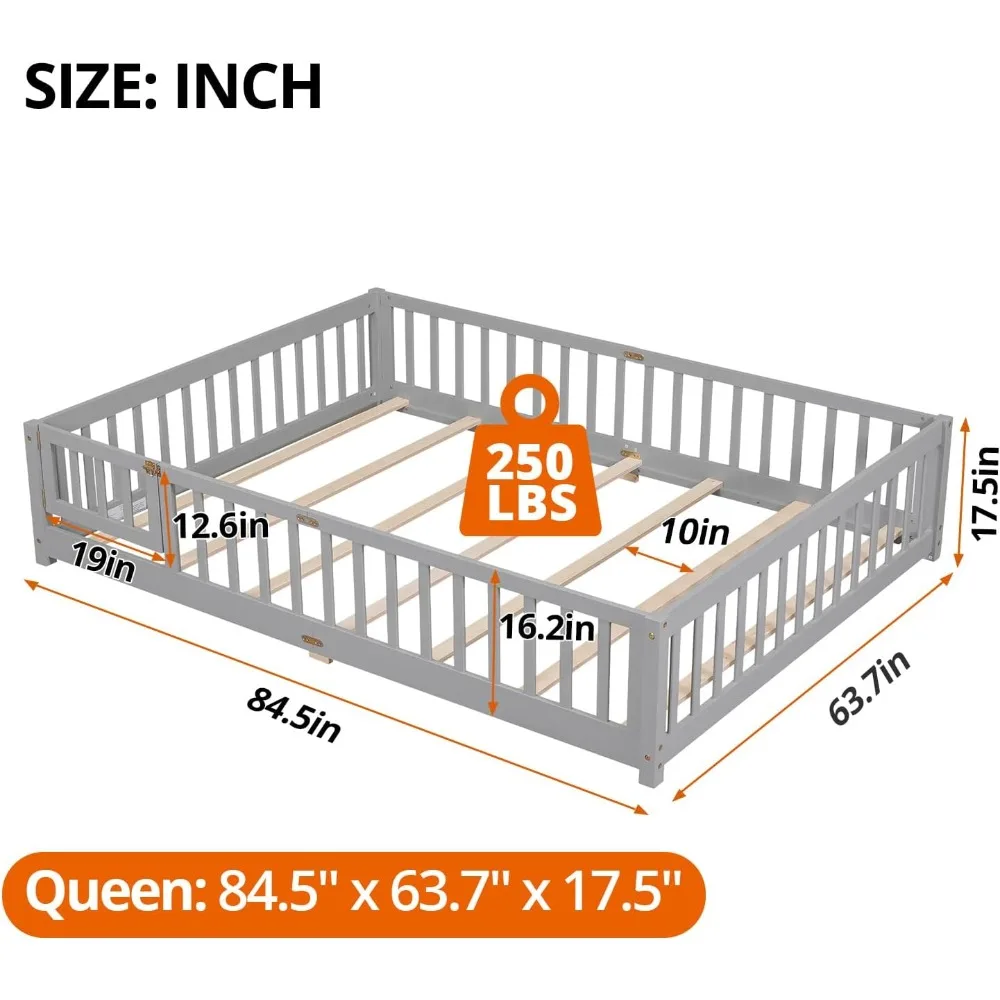 Queen Floor Bed for Children, Sturdy Wood Montessori Bed Frame with Wood Slats, Fence & Door, Montessori Floor Bed for Girls