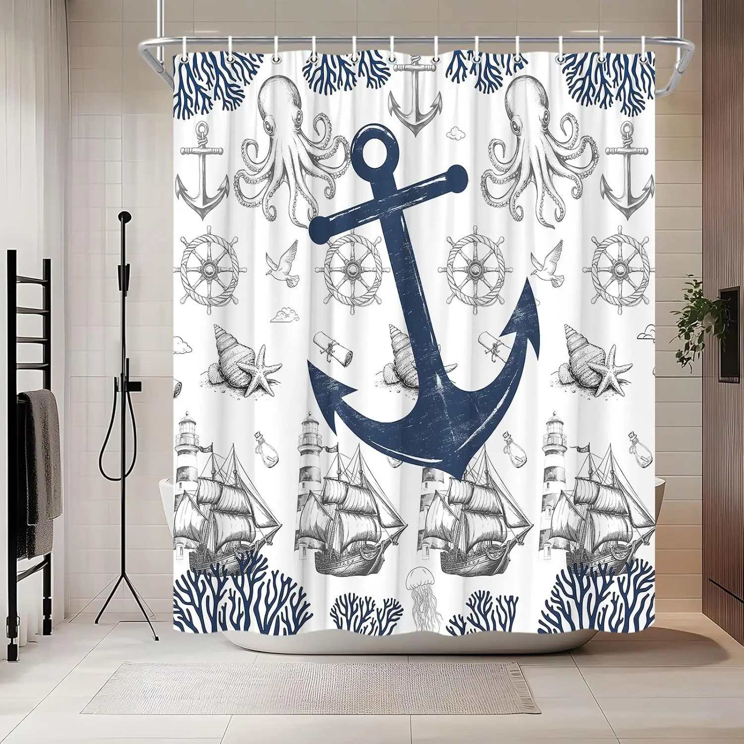 Anchor Shower Curtain Nautical Vintage Coastal Ocean Beach Adventure Navy Blue Sailboat Octopus Lighthouse Rudder Coral Marine