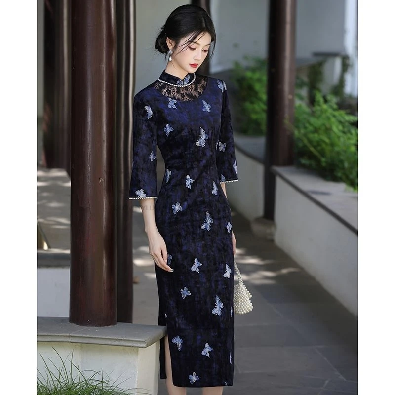 

Осенняя новинка: Элегантное женское платье-ципао в китайском стиле, модифицированное ретро-ципао, национальный стиль, с цветочным узором, платье-аодай