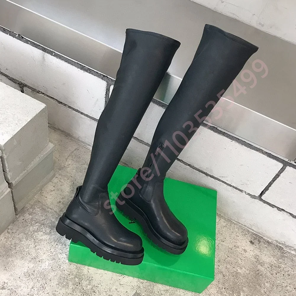 

Sexy Black Women's Over-The-Knee Boot Model Runway Fashion Party Casual Boots 2026 Spring New Thick Sole Round Elastic Boots