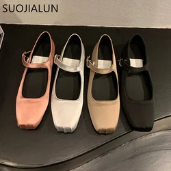 SUOJIALUN 2023 Spring New Women Flat Shoes Fashion Silk Square Toe Shallow Ladies Ballet Shoes Soft Casual Flat Mary Jane Shoes