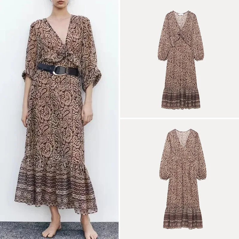 Primavera 2025 feminino rua sle midi dr v-ne em camadas decoração impressão casual faion fibra de poliéster 00% nova chegada