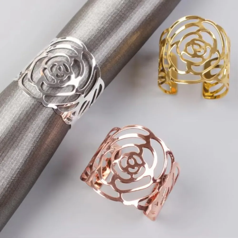 Rose Napkin Ring Silver Gold Rose Gold Color Hollow Out Napkin Holder For Party Wedding Table Decoration