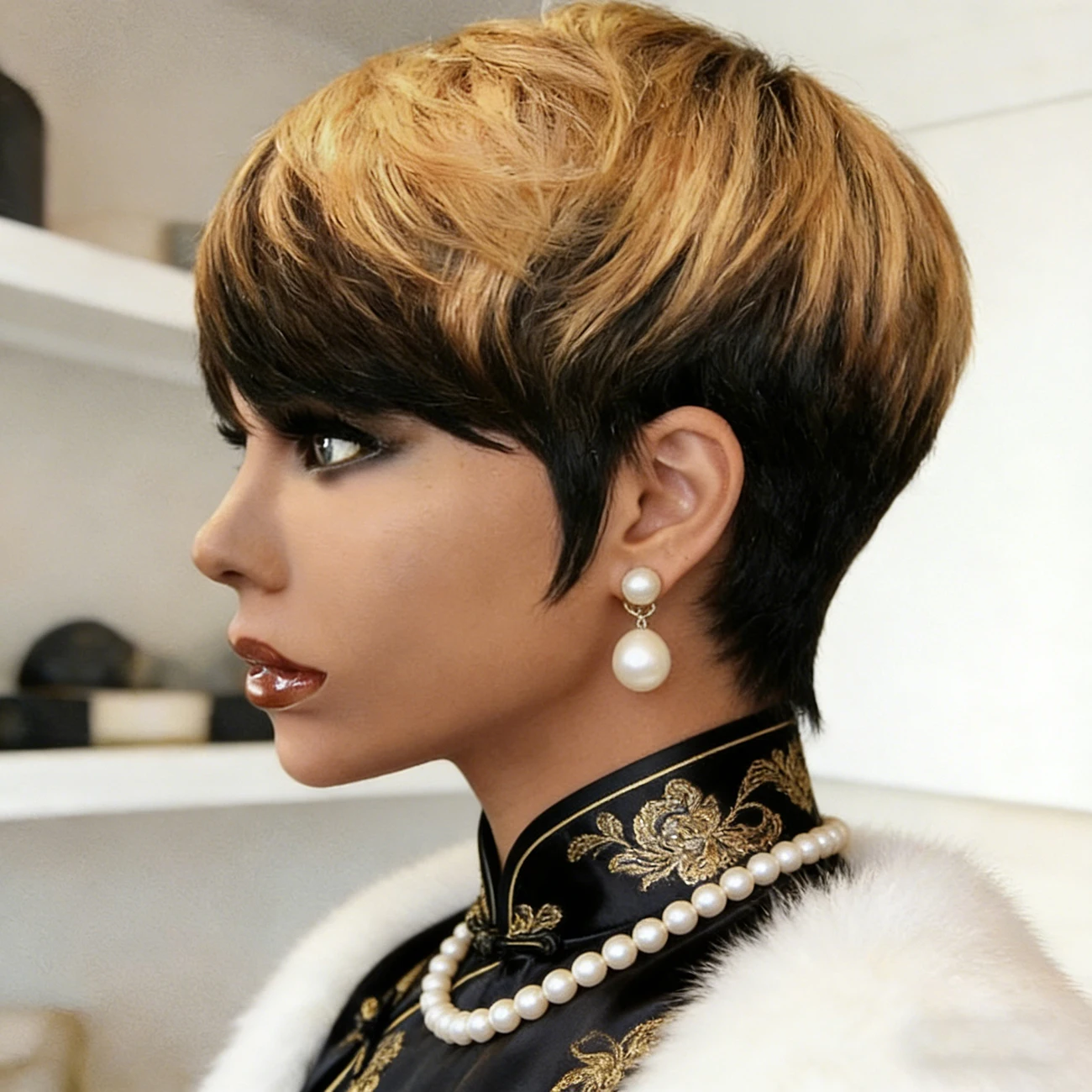 

Модный короткий парик пикси-каре с 1/30 светлыми прядями из натуральных волос, с челкой, машинной работы, для повседневной носки, для женщин